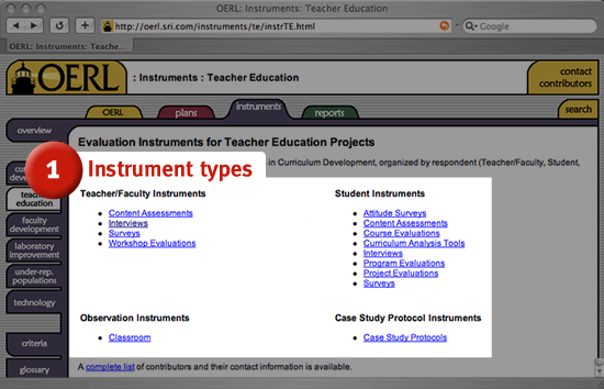 Screenshot displaying the Instruments page for Teacher Education projects.