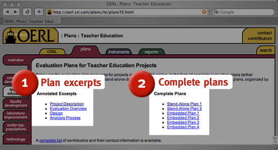 Screenshot displaying the Plans page for Teacher Education projects.